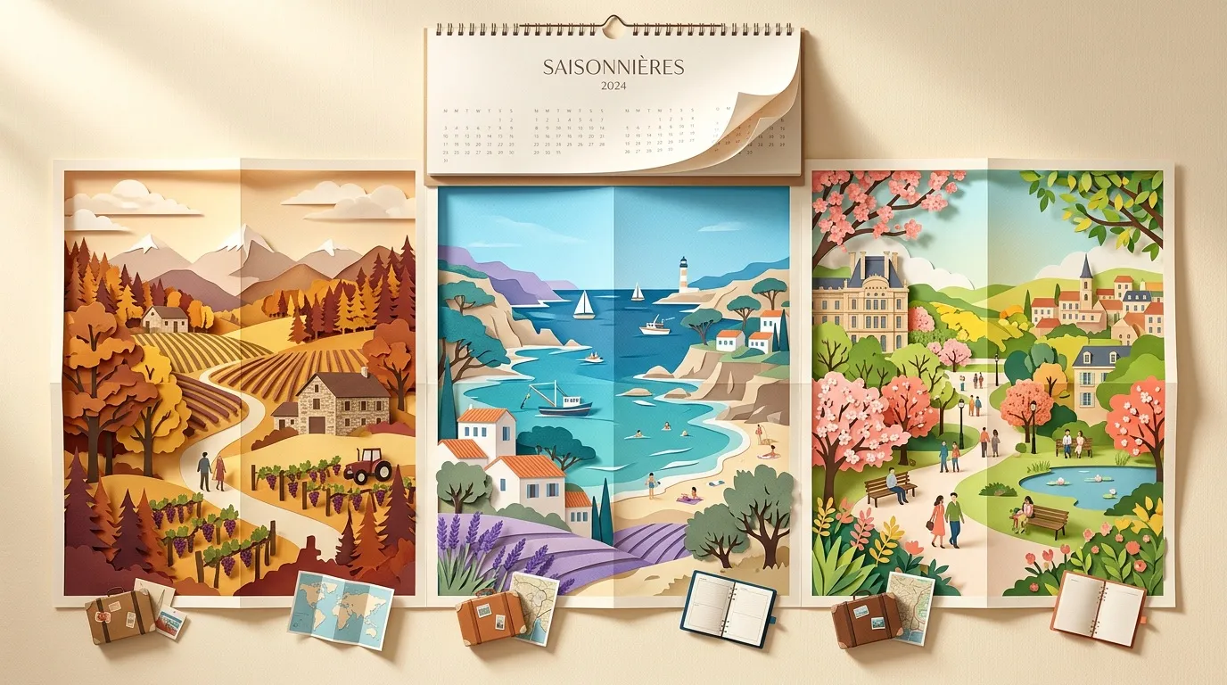 Calendrier mural illustrant les quatre saisons avec paysages stylisés