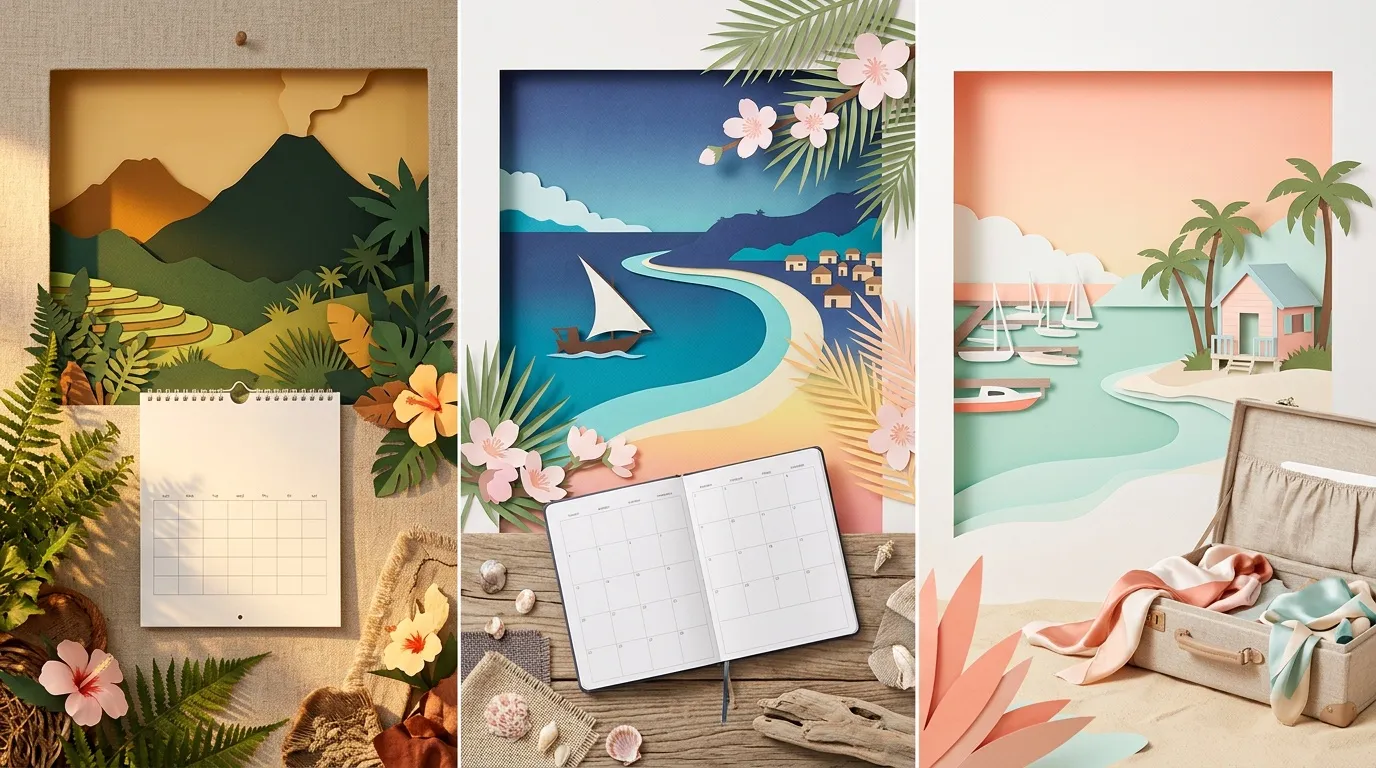 Trois calendriers th&eacute;matiques avec paysages tropicaux et &eacute;l&eacute;ments de voyage