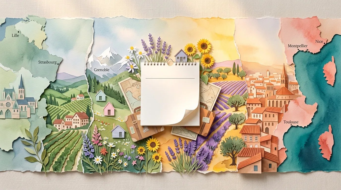 Illustration papier 3D des paysages fran&ccedil;ais avec villes &eacute;tiquet&eacute;es
