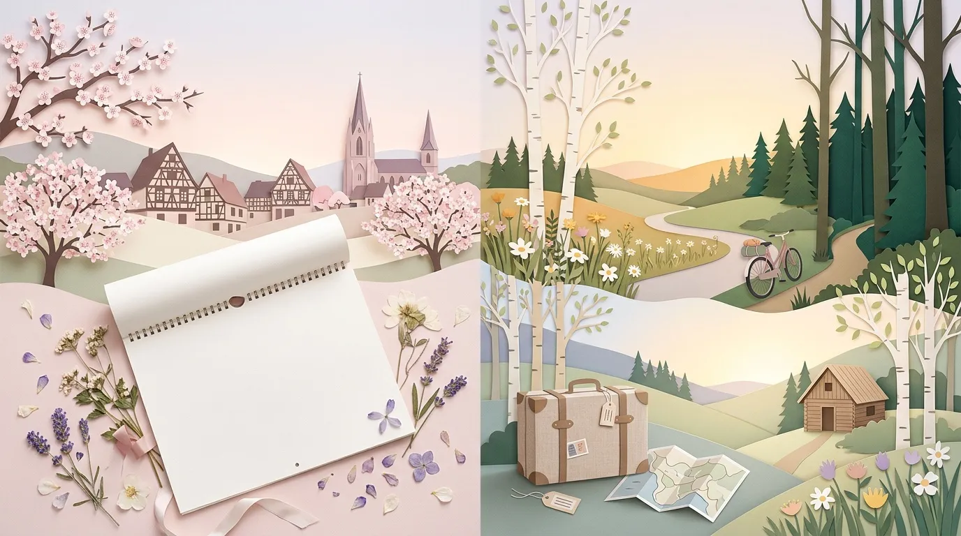 Carnet vierge entour&eacute; fleurs lavande et paysages illustration