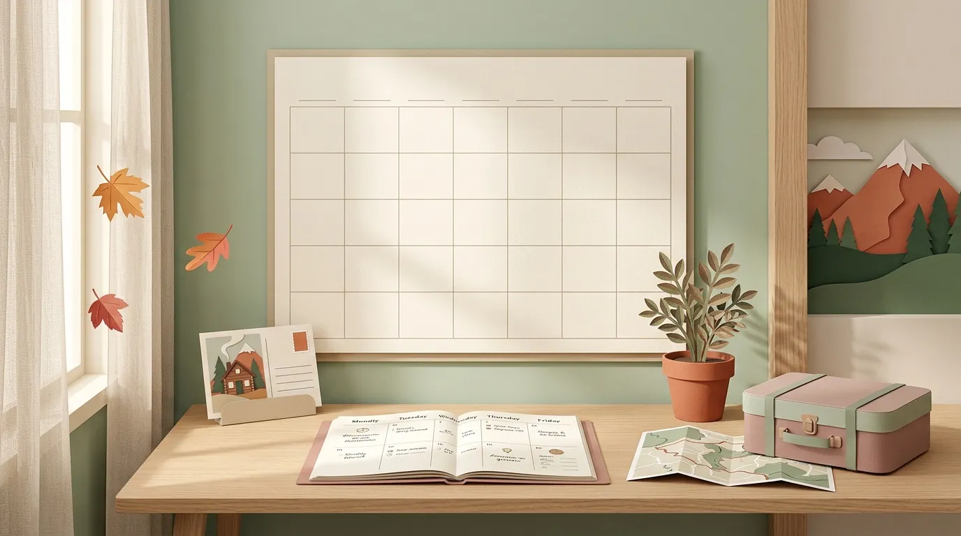 Bureau avec calendrier, plante et décorations automnales