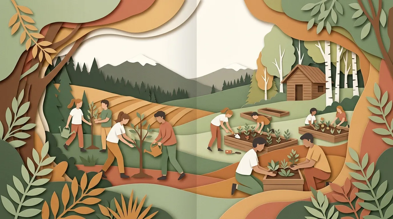 Groupe de personnes jardinage ensemble dans paysage montagneux automnal