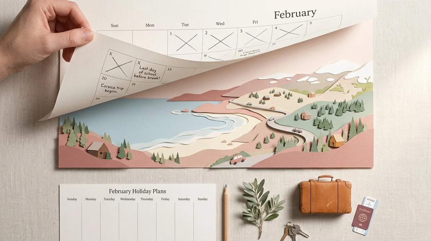 Calendrier février, paysage en papier, accessoires voyage organisés