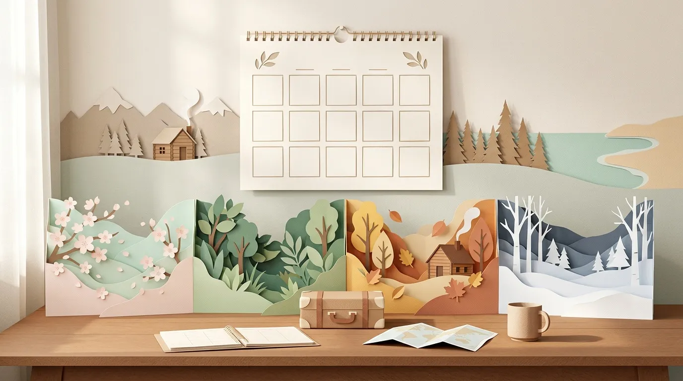 Bureau avec calendrier mural et tableaux en papier découpé