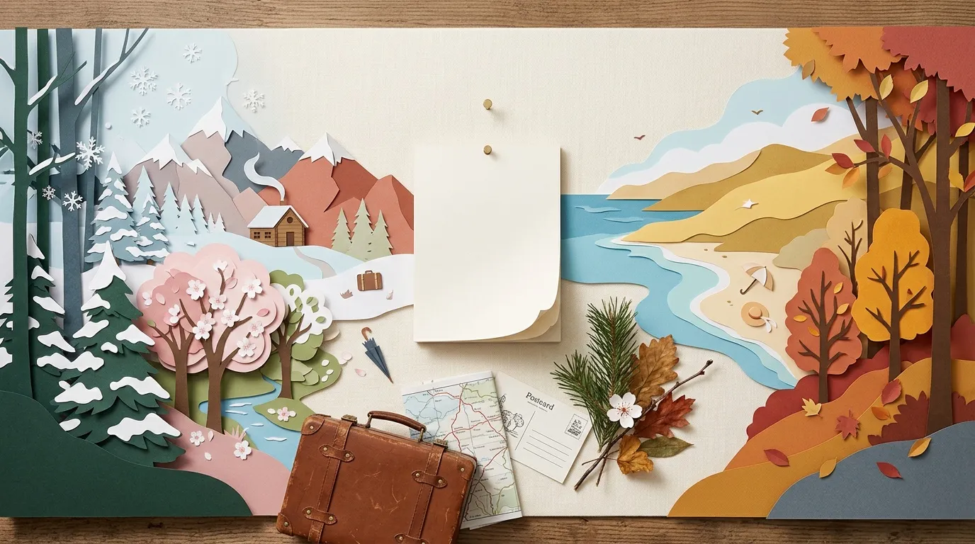 Papier d&eacute;coup&eacute; repr&eacute;sentant quatre paysages saisonniers avec valise vintage