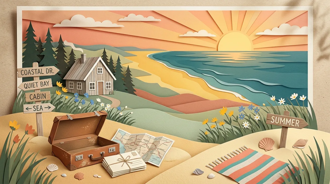 Illustration papier d&eacute;coup&eacute; : maison c&ocirc;ti&egrave;re, coucher soleil, mer, valise vintage