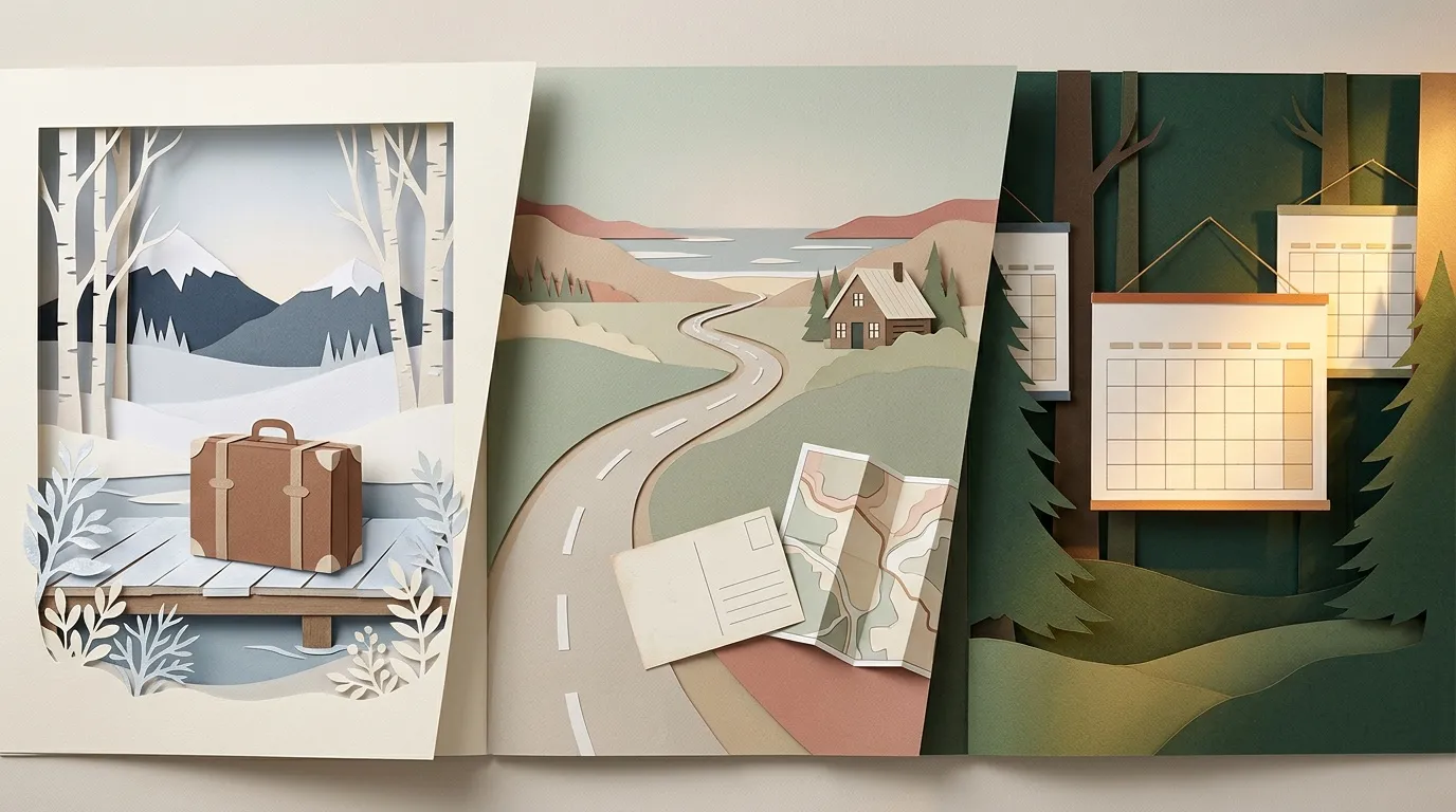 Trois illustrations en papier d&eacute;coup&eacute; : valise, route rurale, calendrier for&ecirc;t