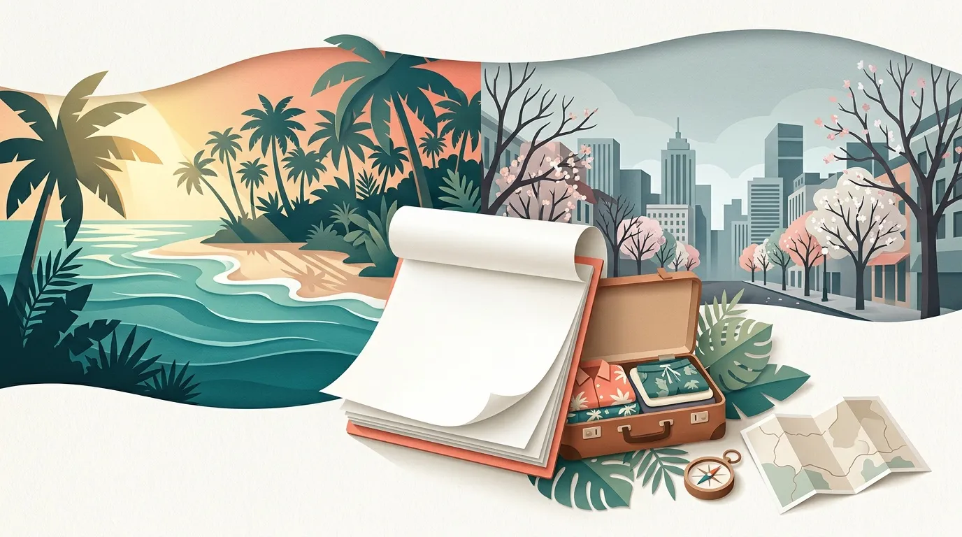 Valise ouverte avec destinations tropicales et urbaines