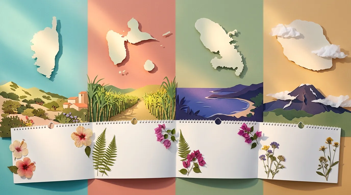 Calendrier spiral&eacute; montrant paysages saisonniers et fleurs press&eacute;es