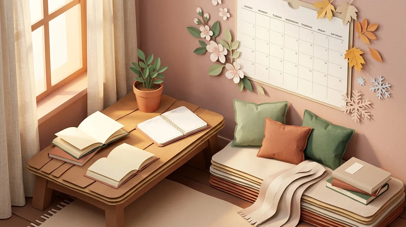Bureau avec livres, calendrier, plante et coussin confortable