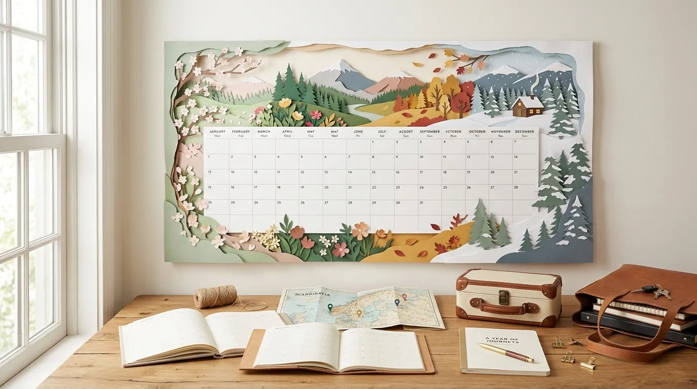 Bureau avec calendrier mural décoratif, journaux et valises vintage