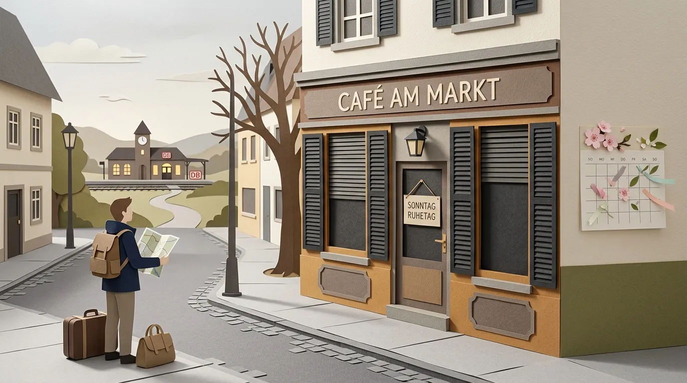 Touriste avec carte devant un café allemand en gare