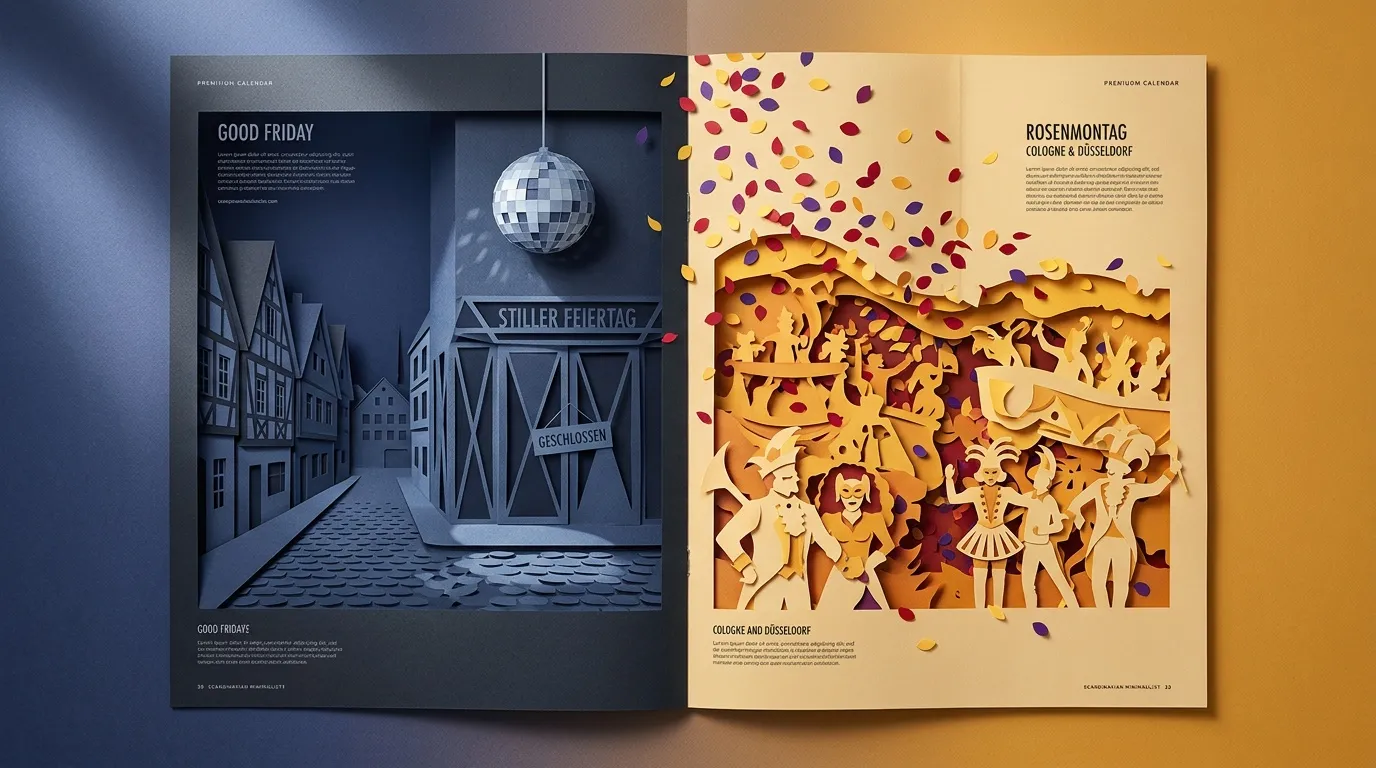 Deux pages de calendrier avec illustrations en papier découpé