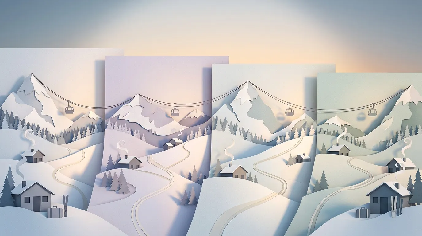 Montagnes enneig&eacute;es avec villages et t&eacute;l&eacute;cabines en relief
