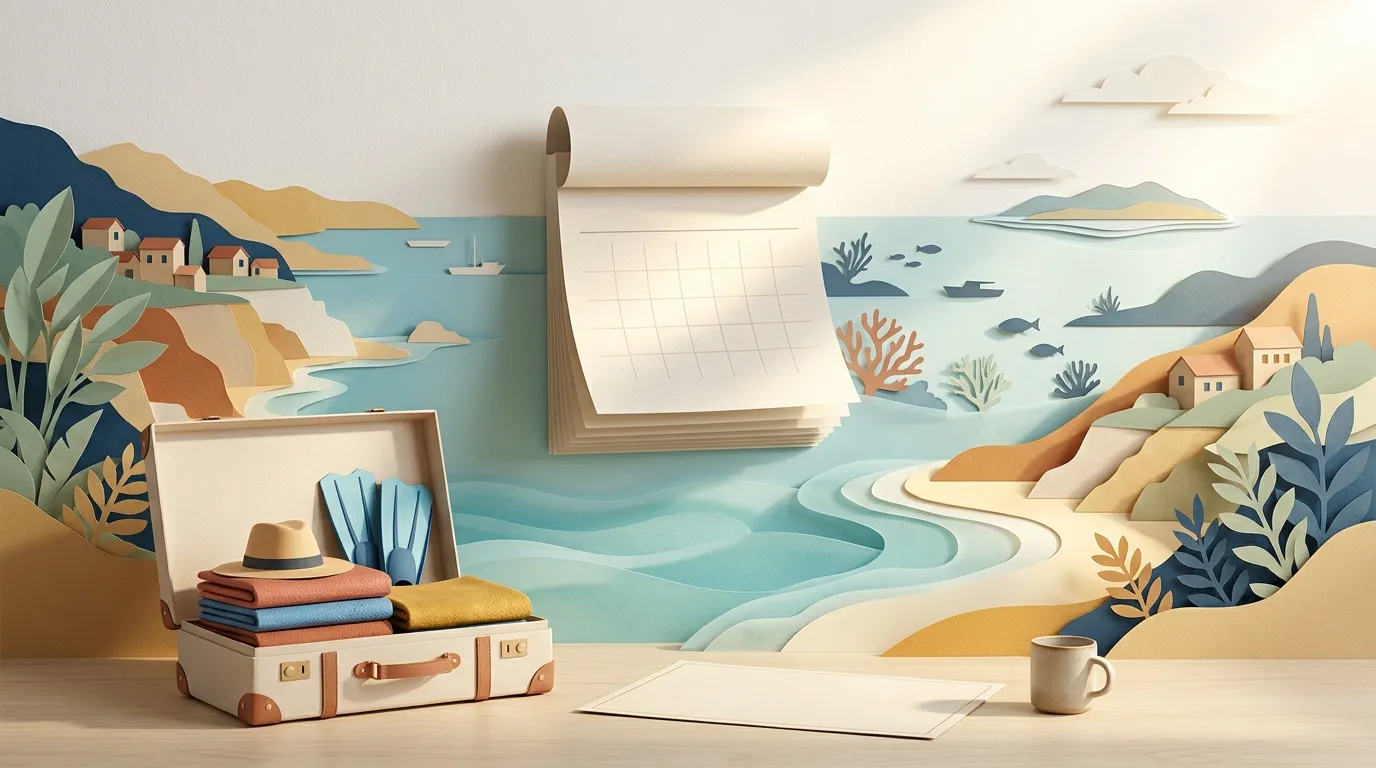 Valise ouverte avec v&ecirc;tements et calendrier vierge face &agrave; paysage maritime
