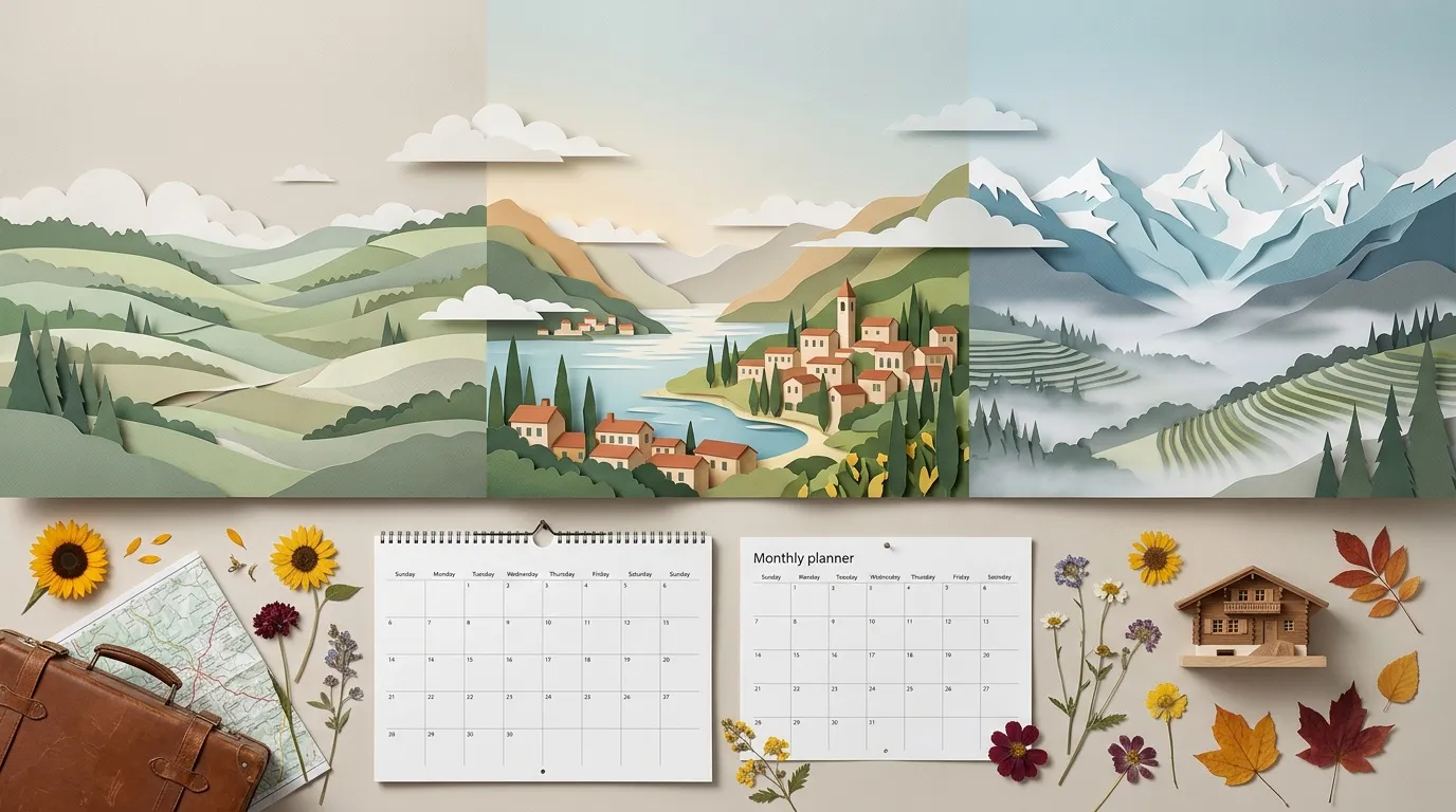 Calendriers, fleurs, feuilles, valise et paysages montagneux illustr&eacute;s