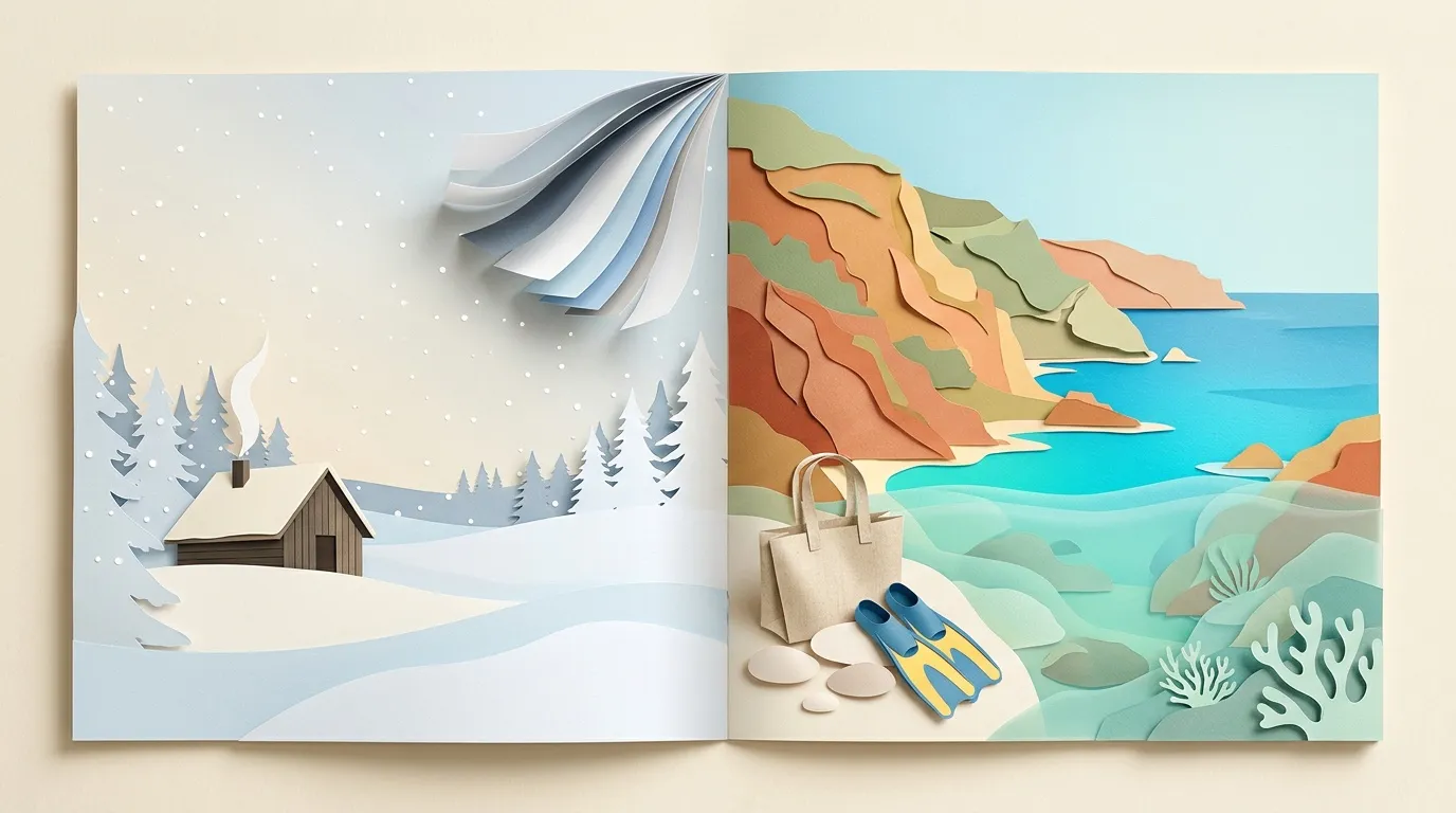 Art papier : hiver enneig&eacute; &agrave; gauche, plage tropicale &agrave; droite