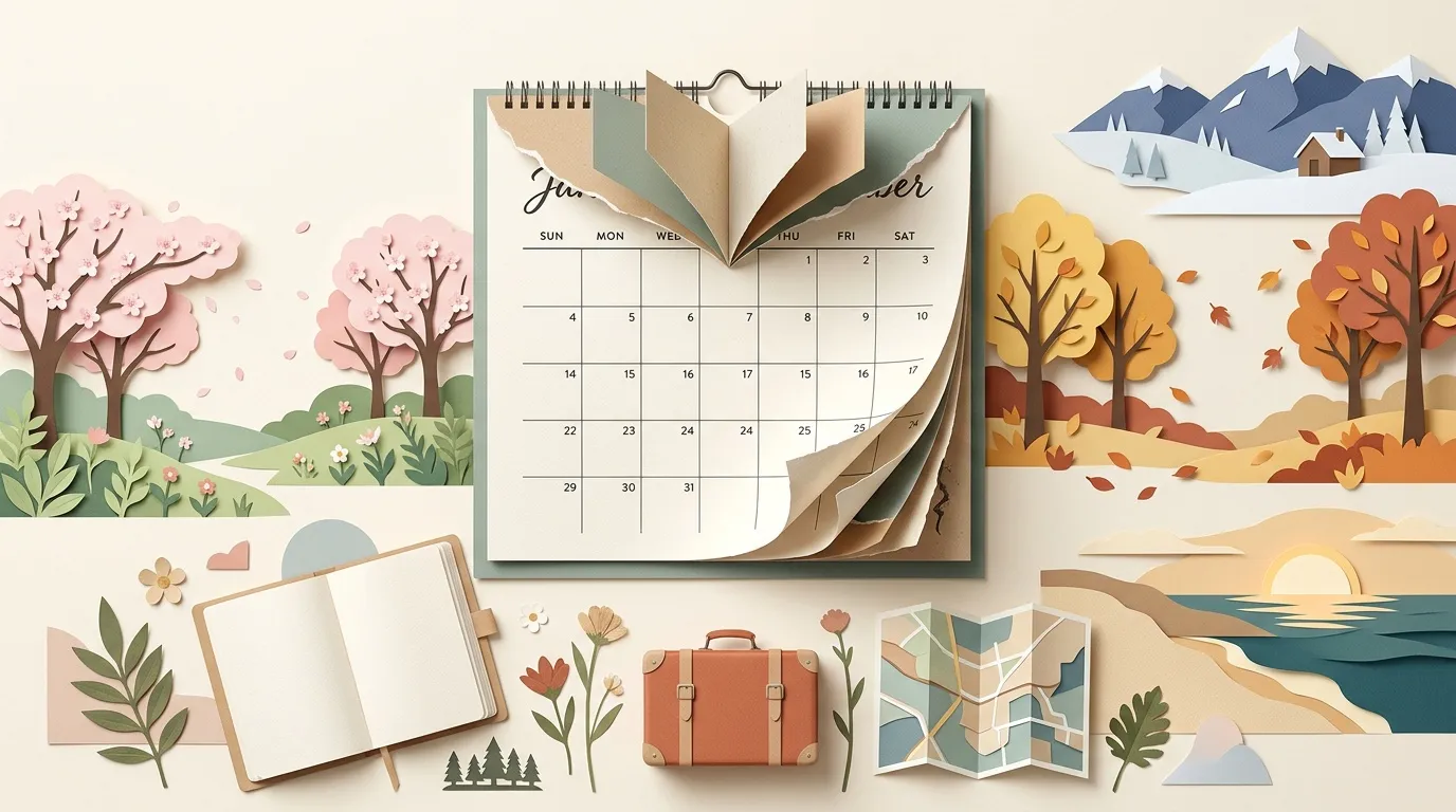 Calendrier d&eacute;coratif entour&eacute; de paysages et accessoires de voyage