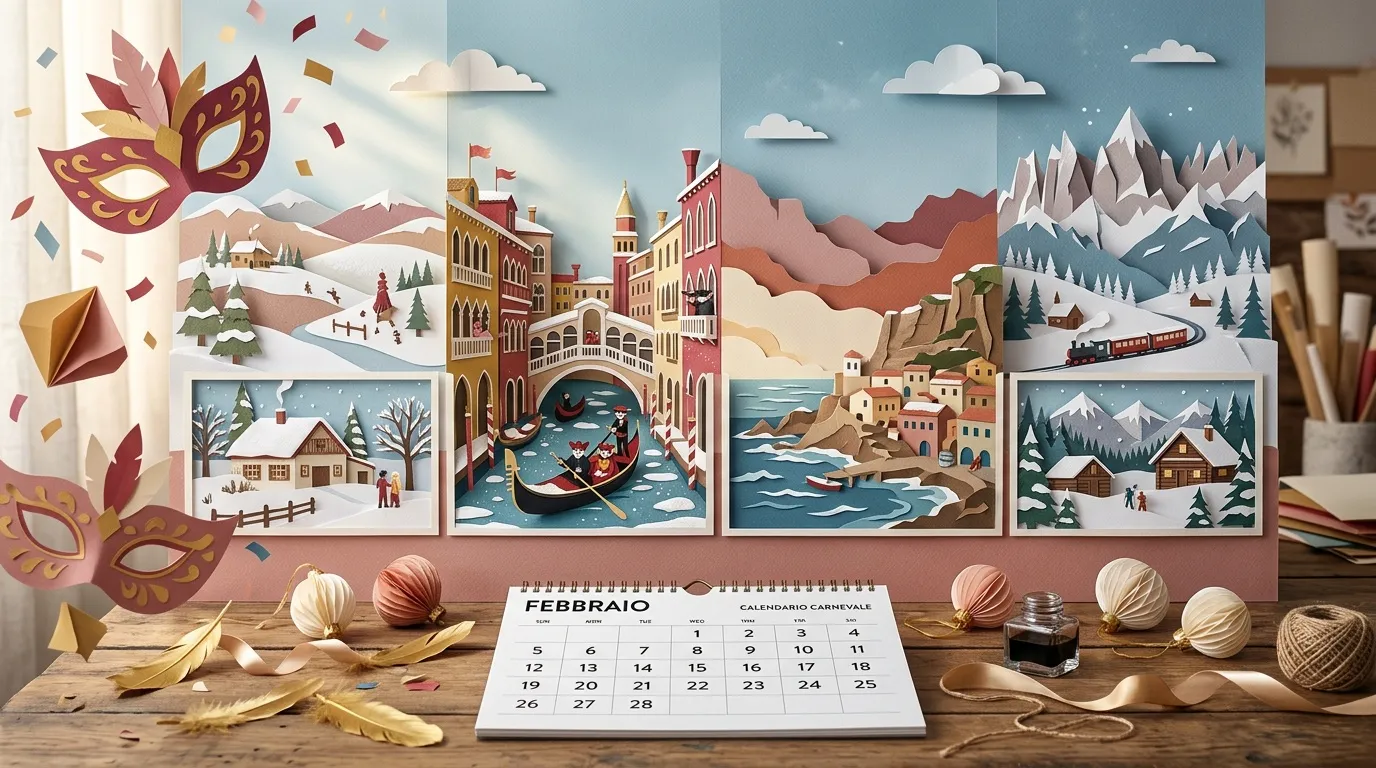 Calendrier f&eacute;vrier avec sc&egrave;nes papier d&eacute;coup&eacute; festives et masques v&eacute;nitiens