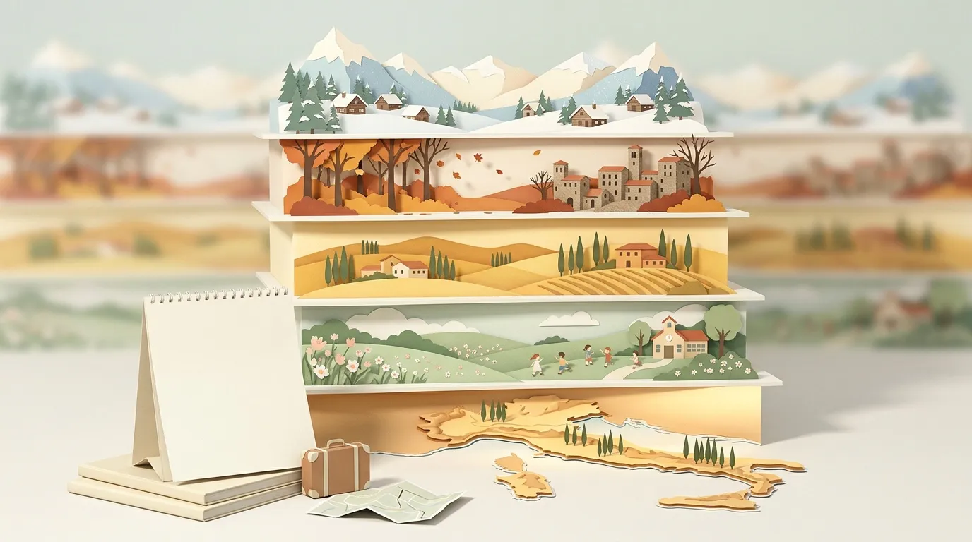 Illustration papier des quatre saisons avec montagnes, automne, &eacute;t&eacute;, printemps