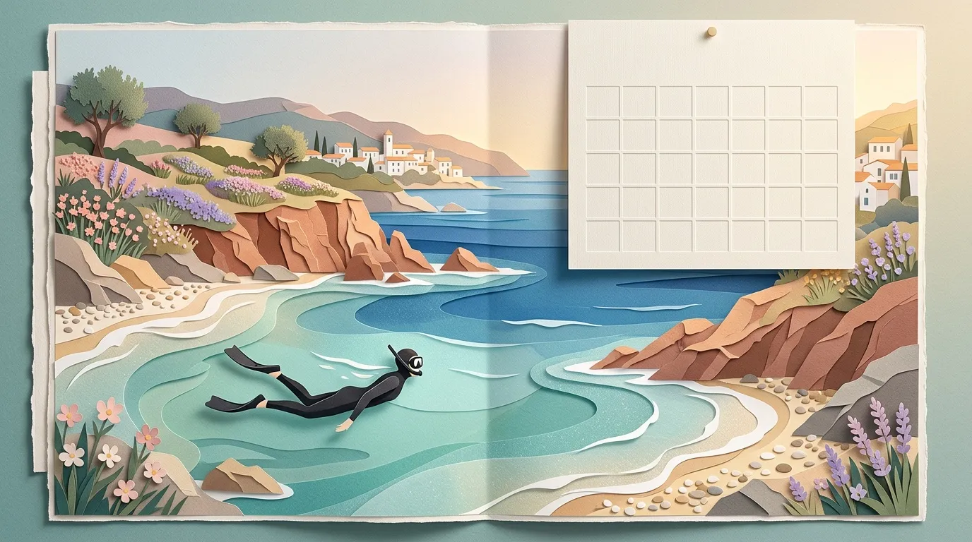 Art papier : plongeur en mer turquoise, village c&ocirc;tier m&eacute;diterran&eacute;en