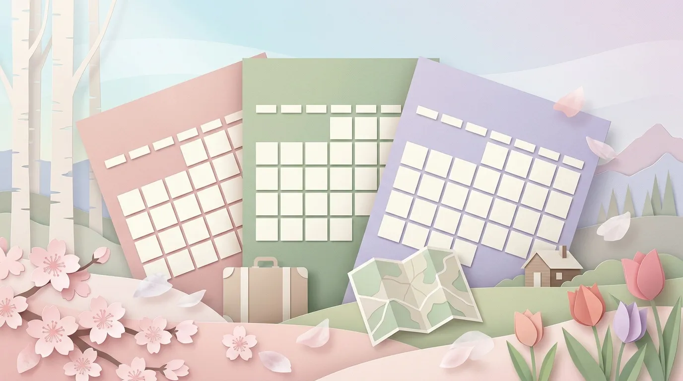 Trois calendriers color&eacute;s dans un paysage fleuri printanier