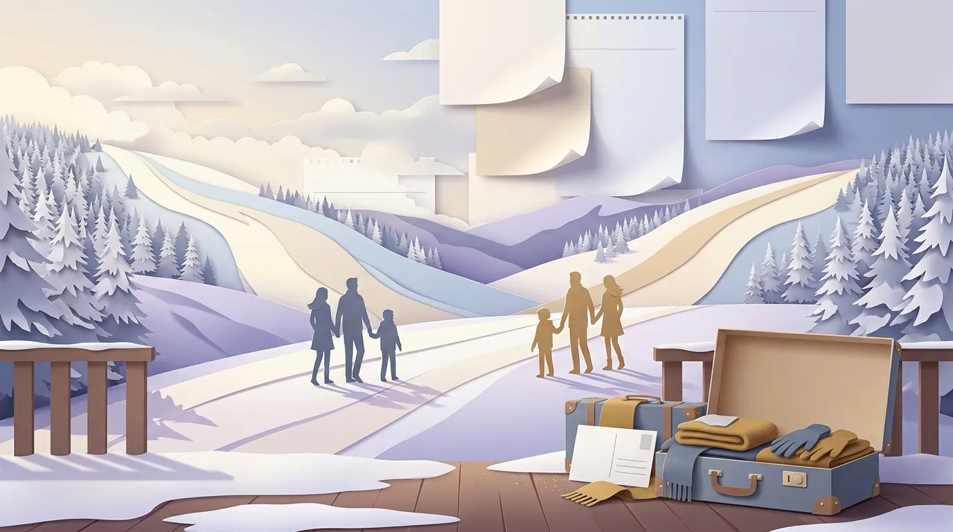 Famille dans paysage enneig&eacute; avec bagages et valises