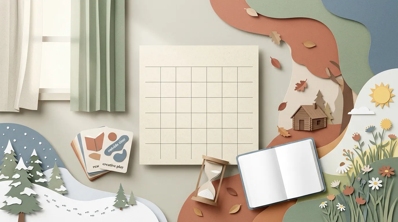 Calendrier vierge entour&eacute; de papiers d&eacute;coup&eacute;s color&eacute;s repr&eacute;sentant les quatre saisons
