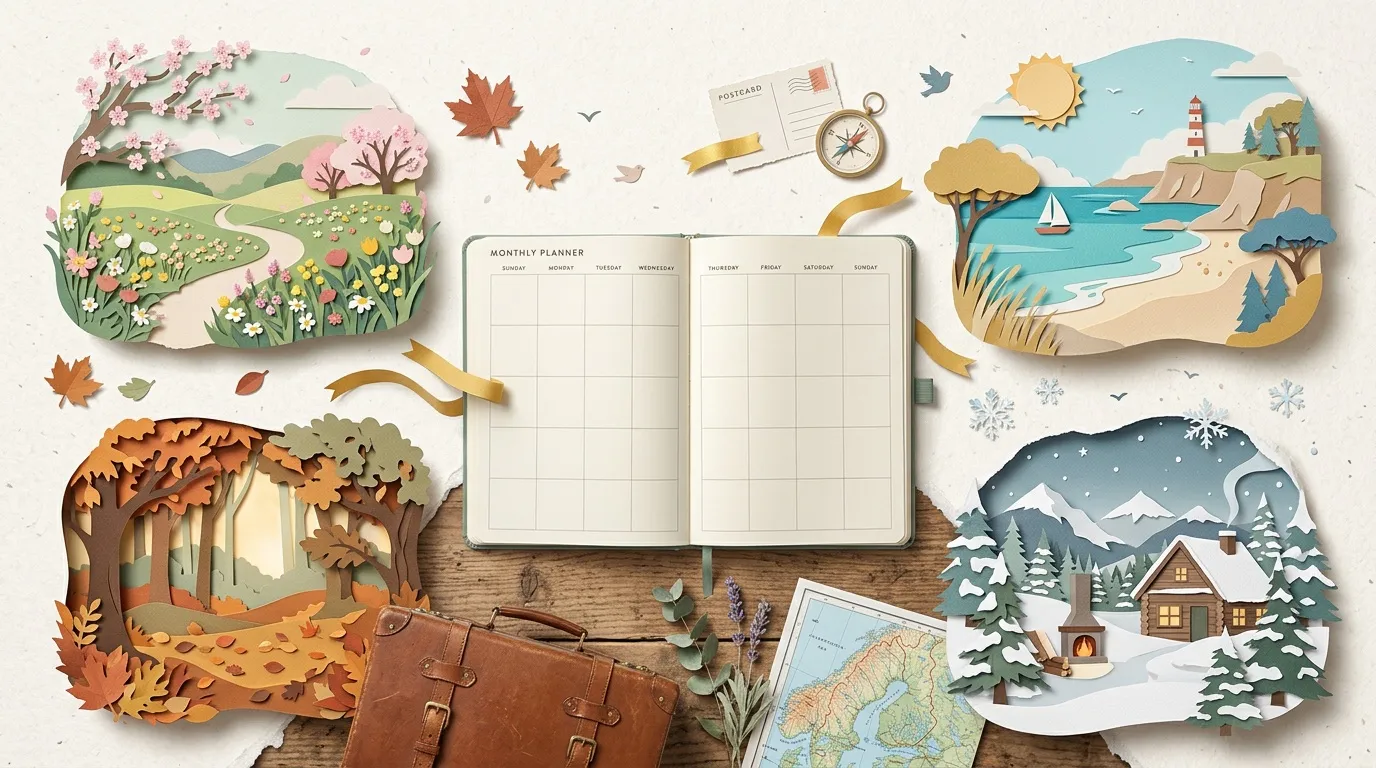 Calendrier ouvert entouré de scènes saisonnières en papier découpé