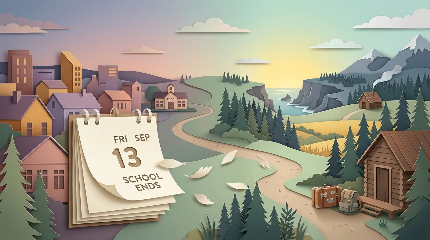Calendrier montrant la fin de l'école le 13 septembre dans un paysage papier découpé