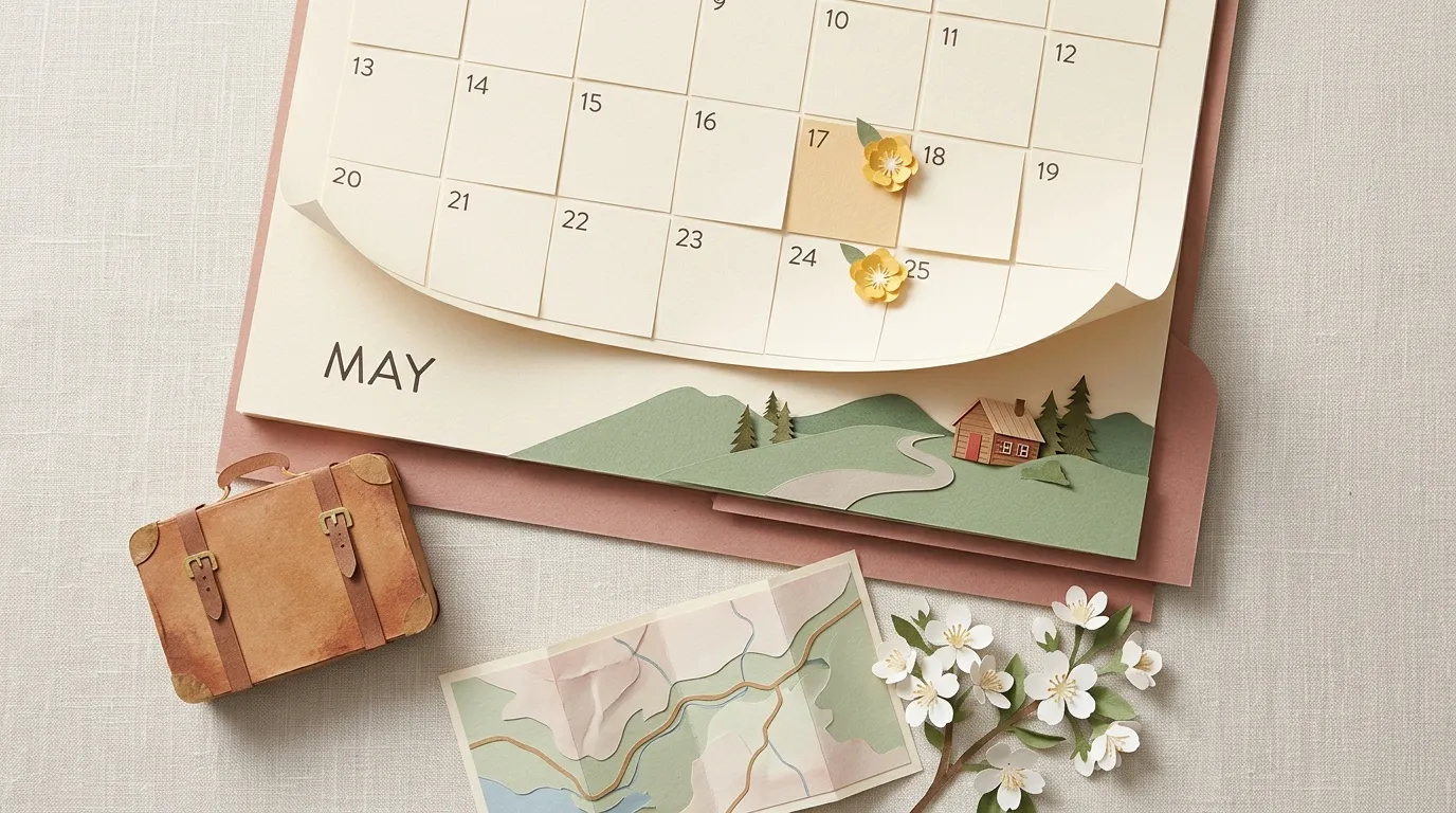 Calendrier mai avec fleurs, carte, valise vintage et paysage