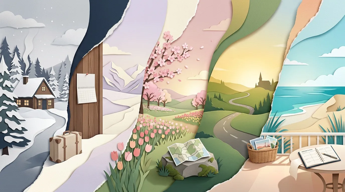 Illustration papier d&eacute;coup&eacute; montrant hiver, printemps, &eacute;t&eacute; et plage