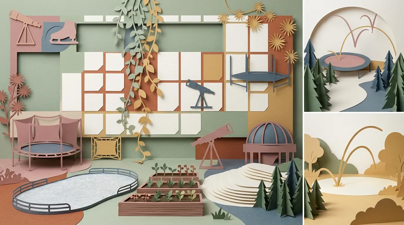 Illustration 3D de jardins, trampolines et observatoires en papier stylis&eacute;