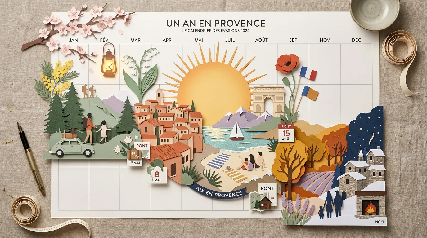 Calendrier illustr&eacute; des saisons en Provence avec paysages saisonniers