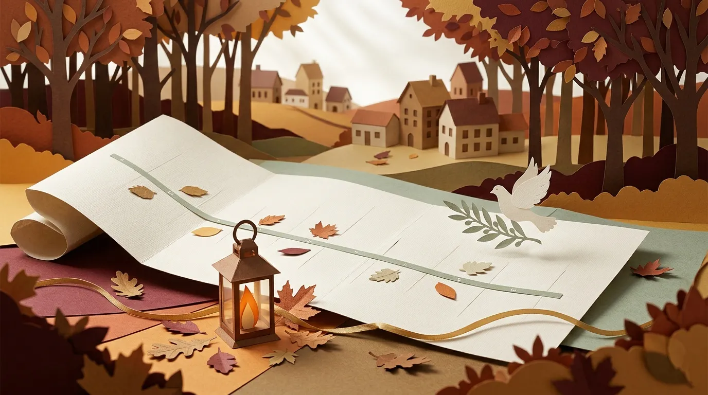 Carte routi&egrave;re automnale avec village en papier d&eacute;coup&eacute; 3D