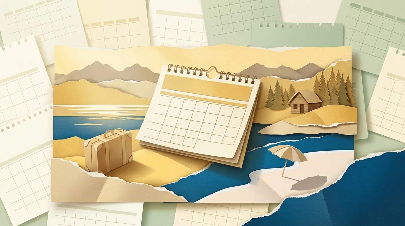Calendrier avec paysages de montagne, plage et for&ecirc;t en papier d&eacute;coup&eacute;