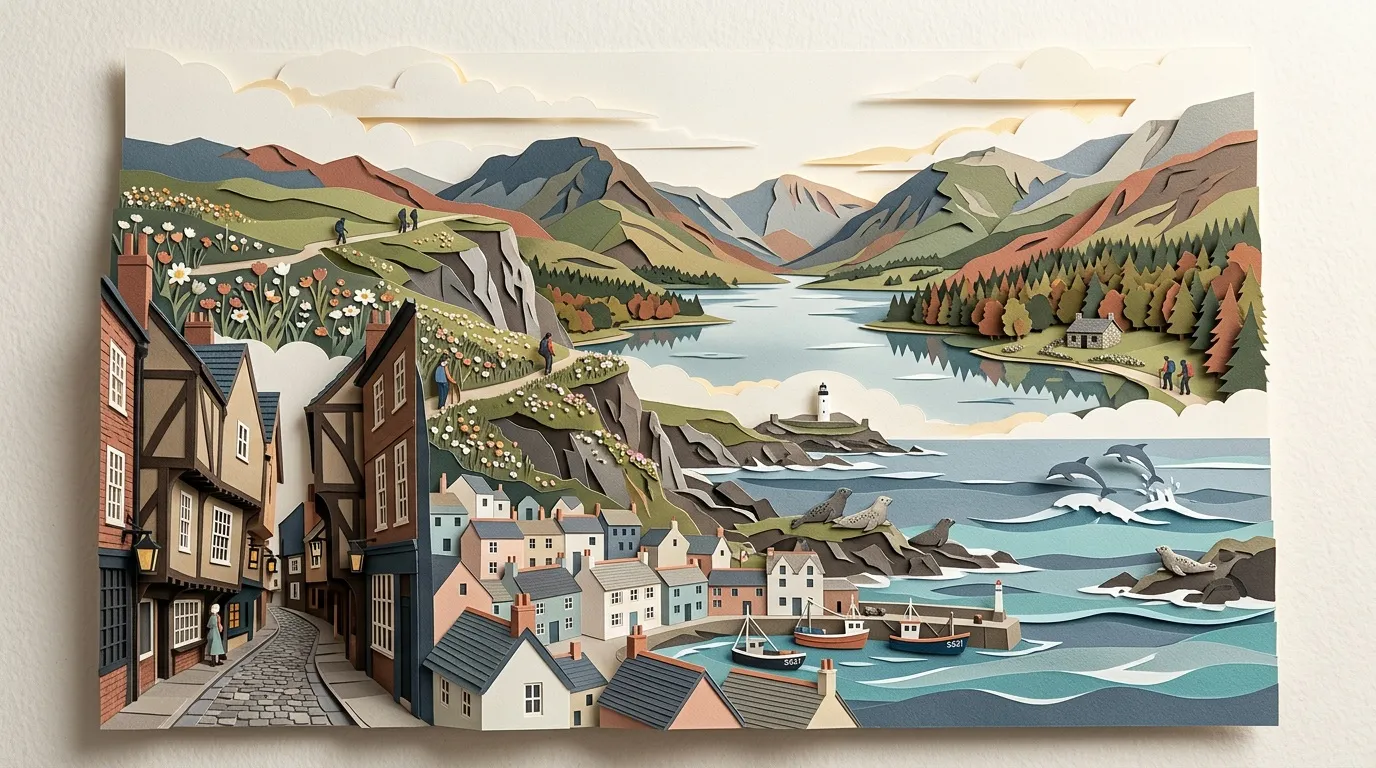 Illustration en relief d'un village c&ocirc;tier avec montagnes et lac