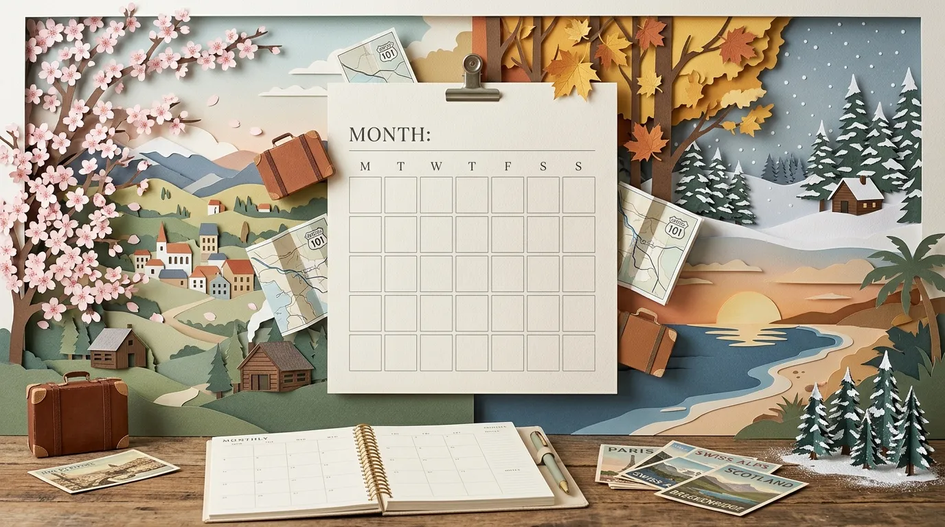 Calendrier vierge entour&eacute; de d&eacute;cors de saisons et de voyage