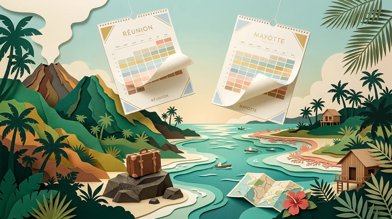 Calendriers tropicaux suspendus sur paysage insulaire stylis&eacute;