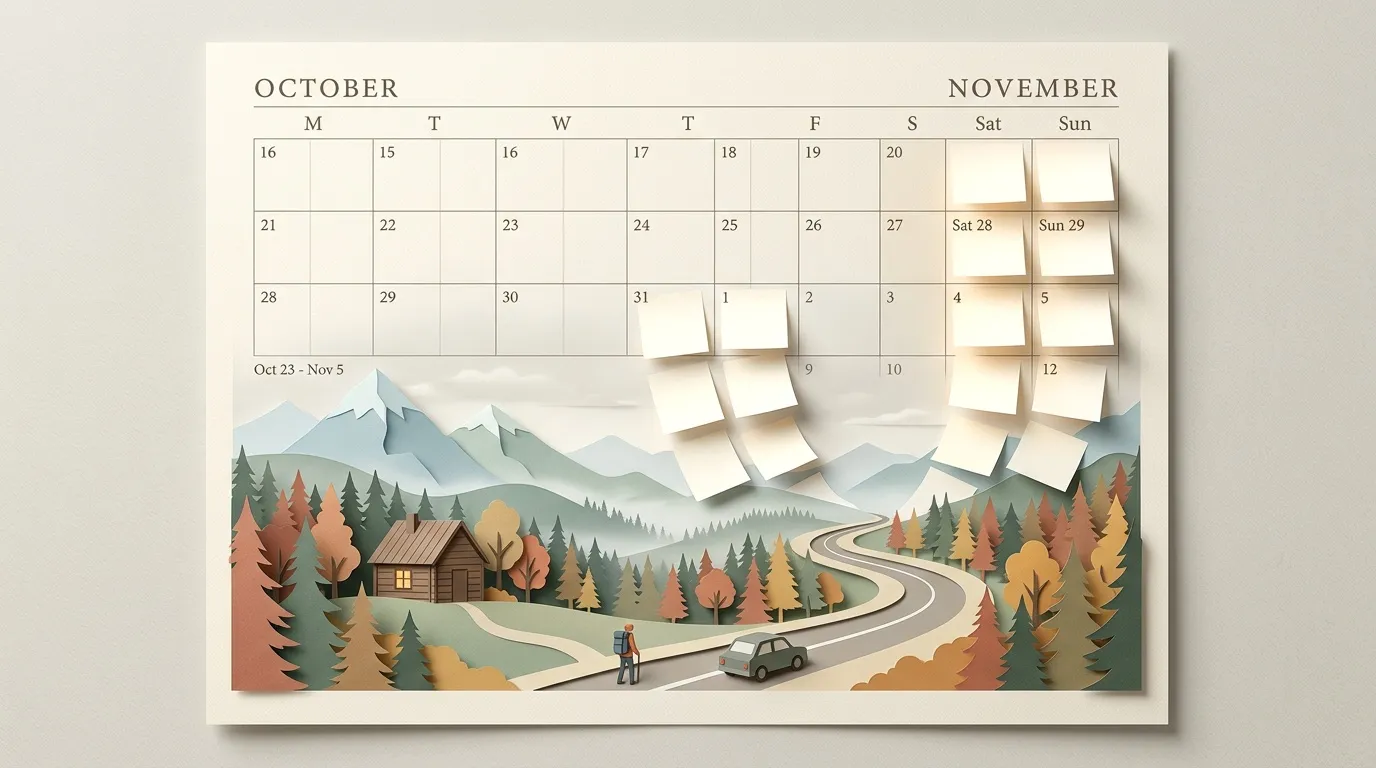 Calendrier octobre-novembre avec illustration paysage automnal et post-it