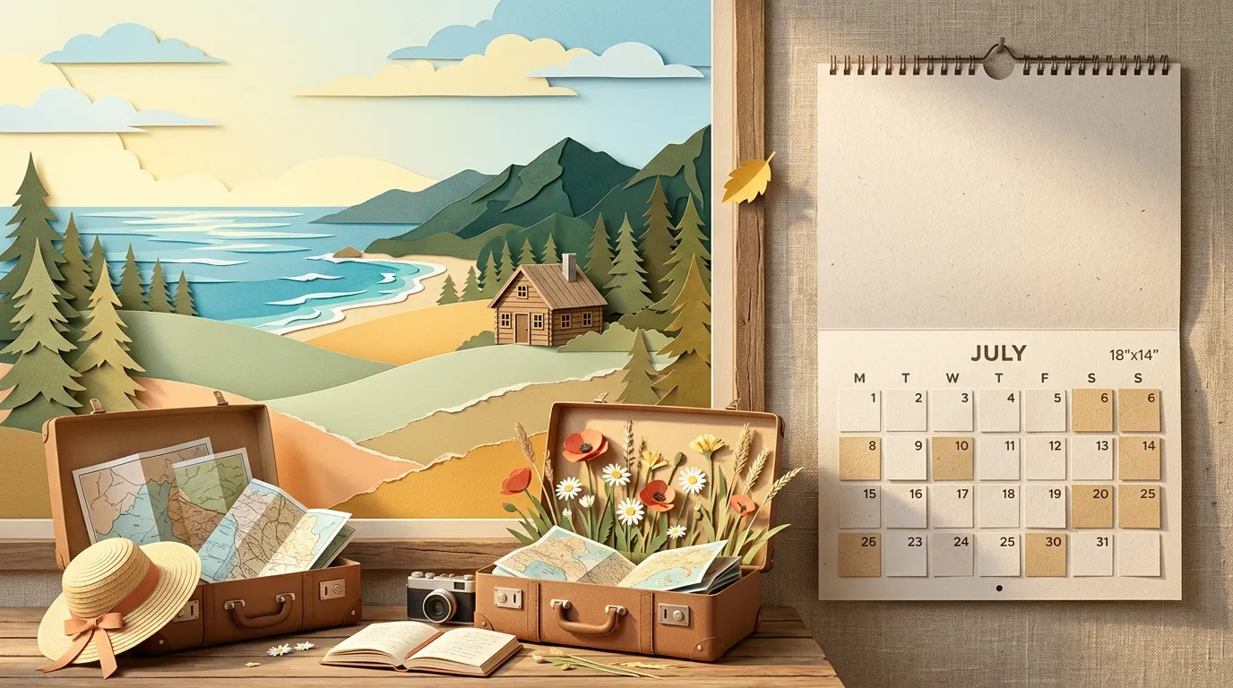 Calendrier juillet avec valises voyage et paysage montagneux