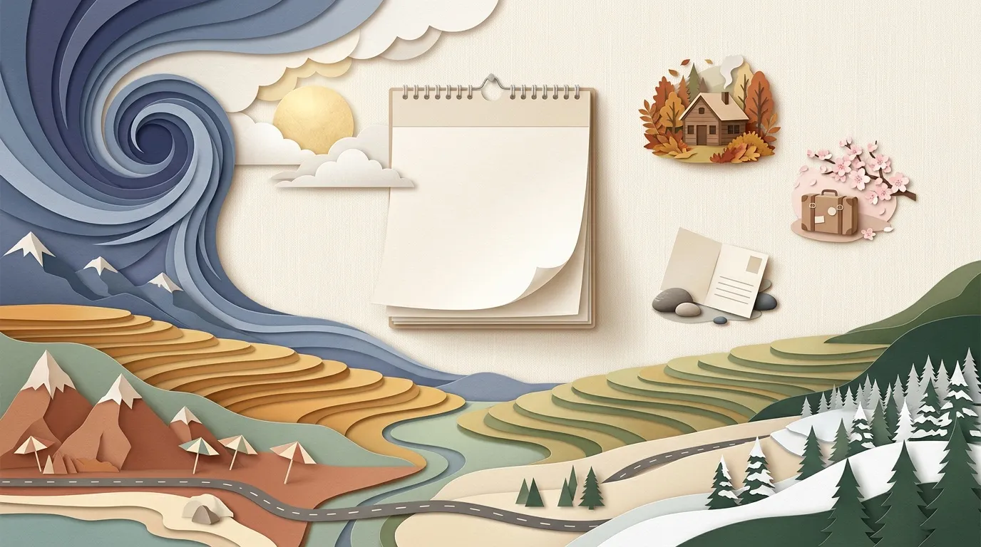 Calendrier ouvert entouré de paysages stylisés et saisons