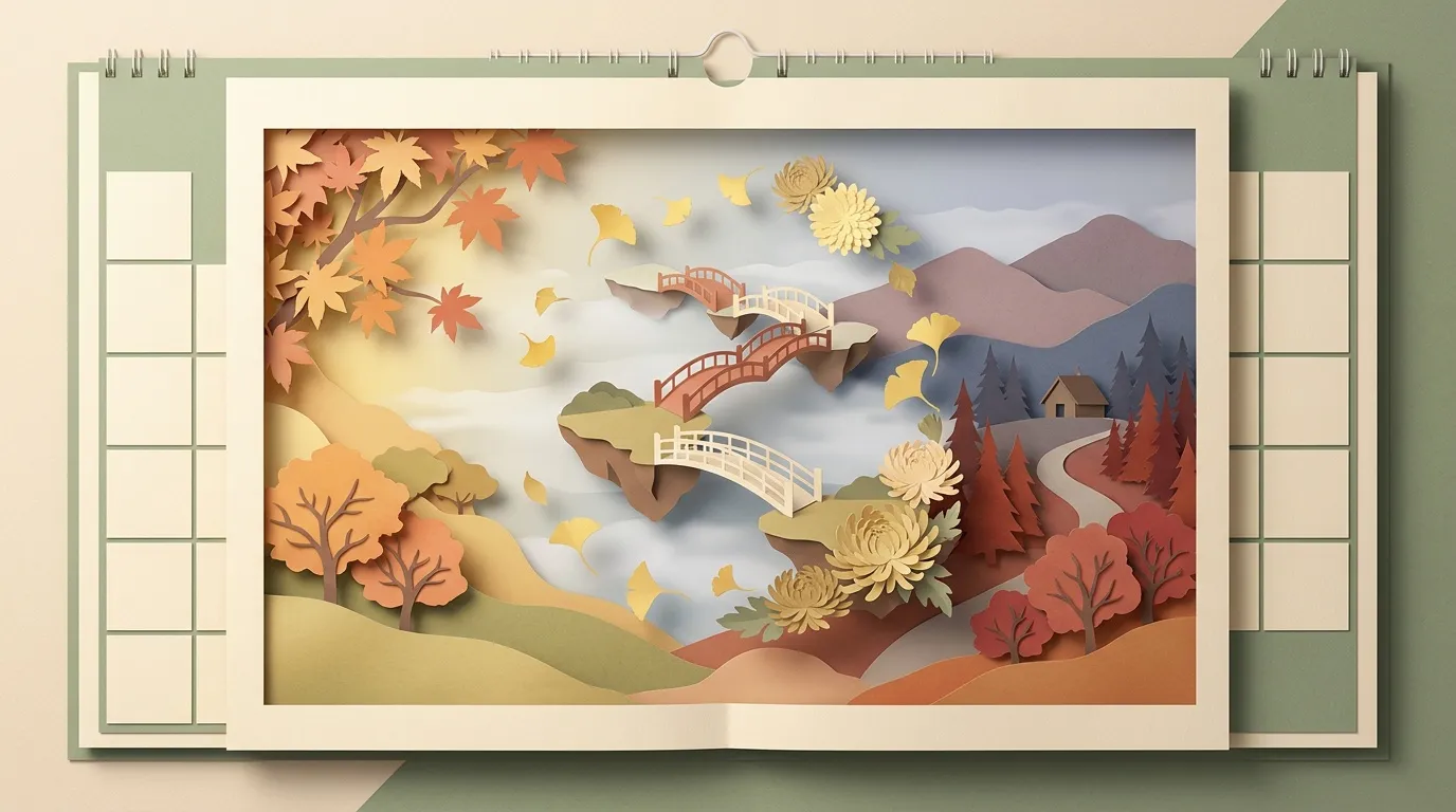 Illustration papier découpé montrant paysage automnal avec ponts et fleurs