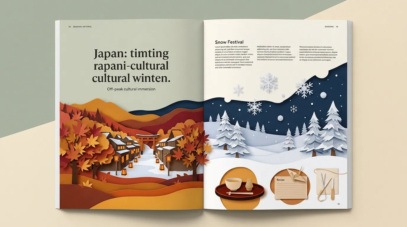 Double page magazine présentant automne et hiver au Japon