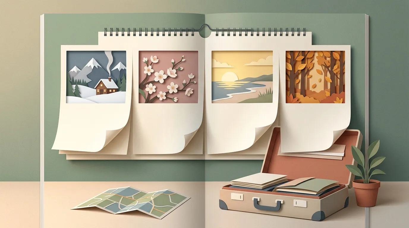 Calendrier mural avec photos saisonni&egrave;res et suitcase de voyage