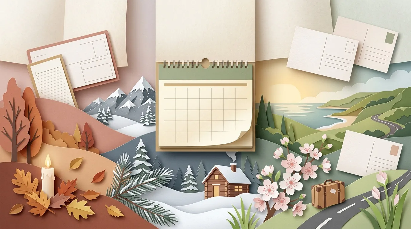 Calendrier mural entour&eacute; de paysages repr&eacute;sentant les quatre saisons