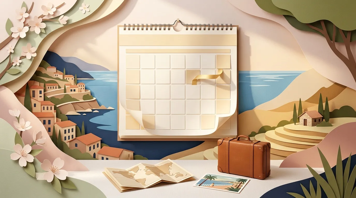 Calendrier mural avec paysages m&eacute;diterran&eacute;ens et accessoires de voyage