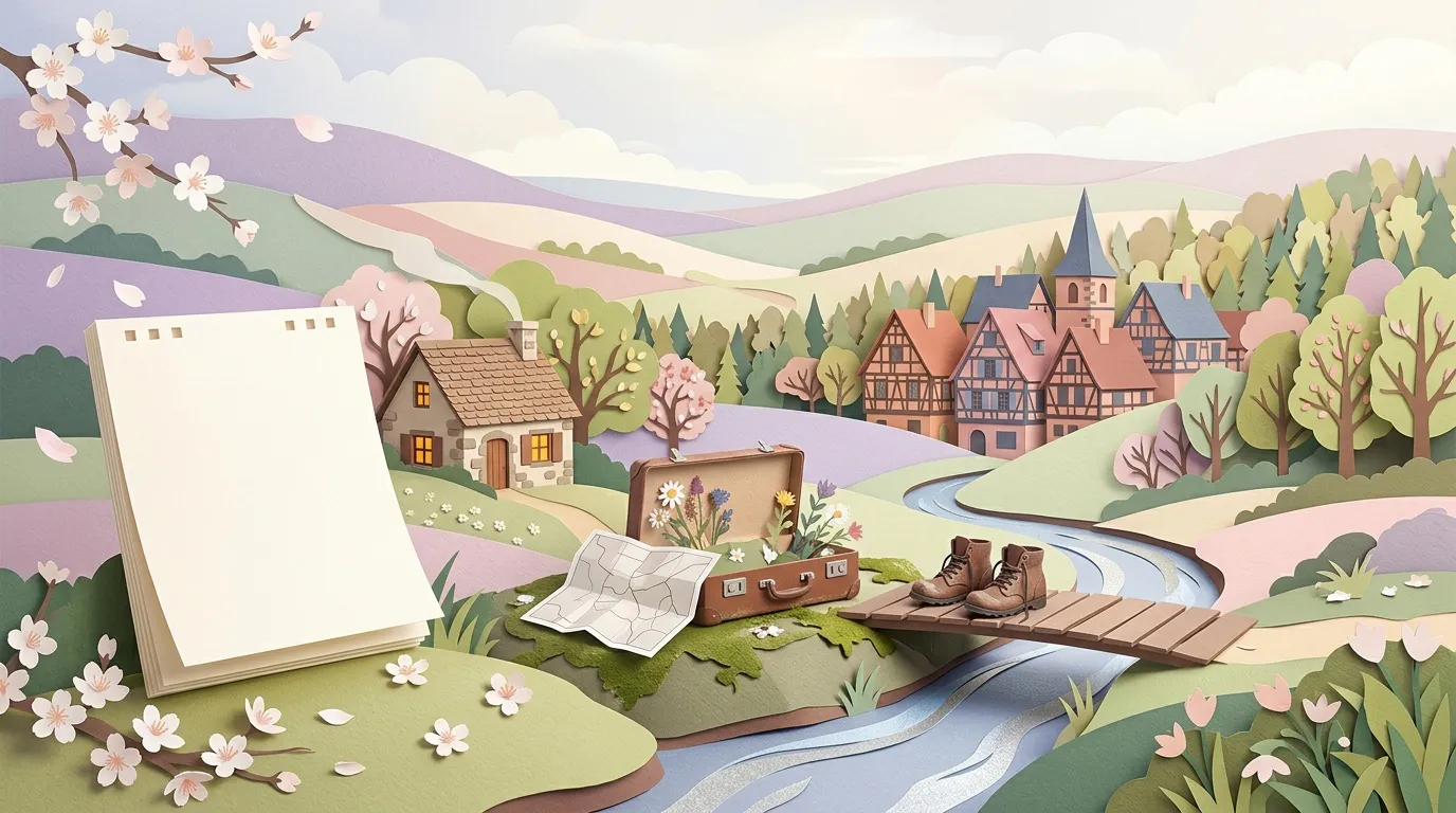 Livre ouvert dans un paysage de contes de f&eacute;es avec village