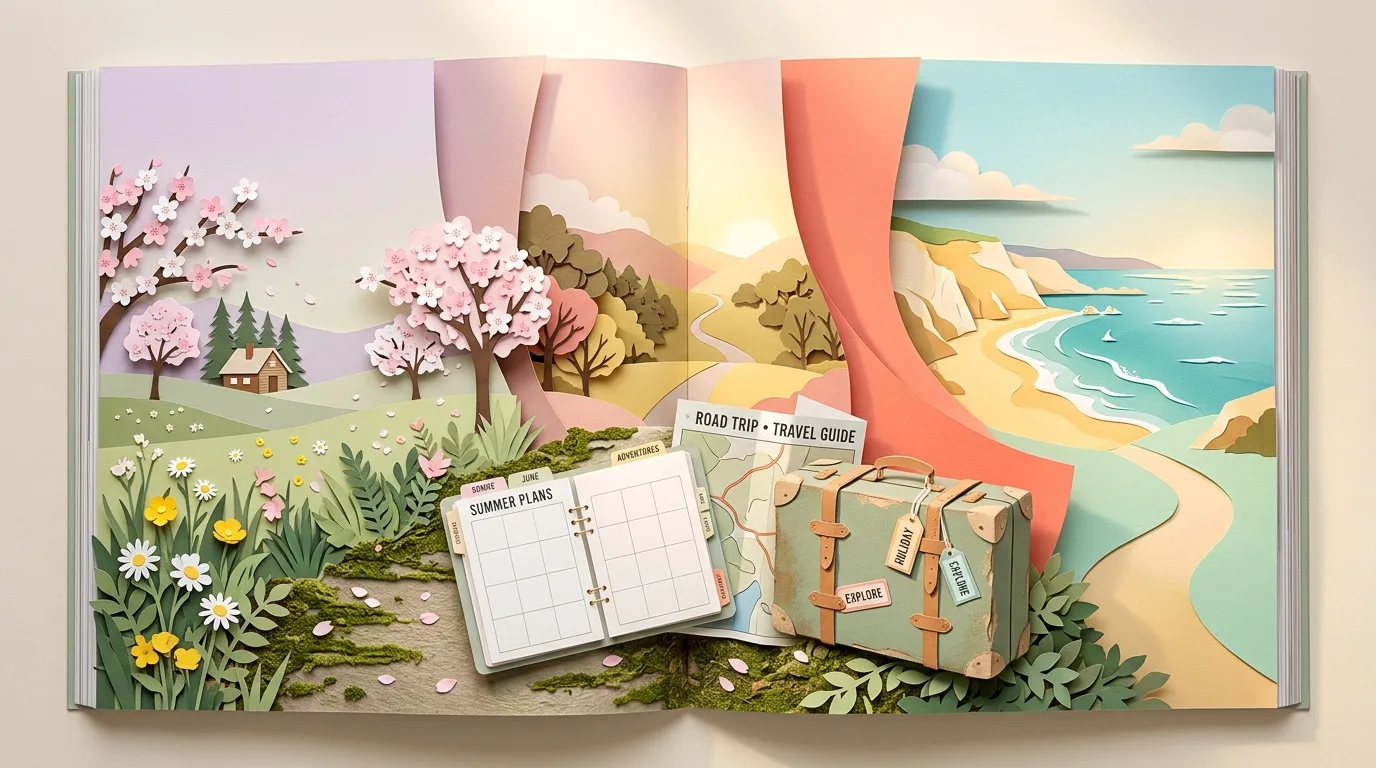 Livre ouvert avec paysages papier d&eacute;coup&eacute; et accessoires voyage