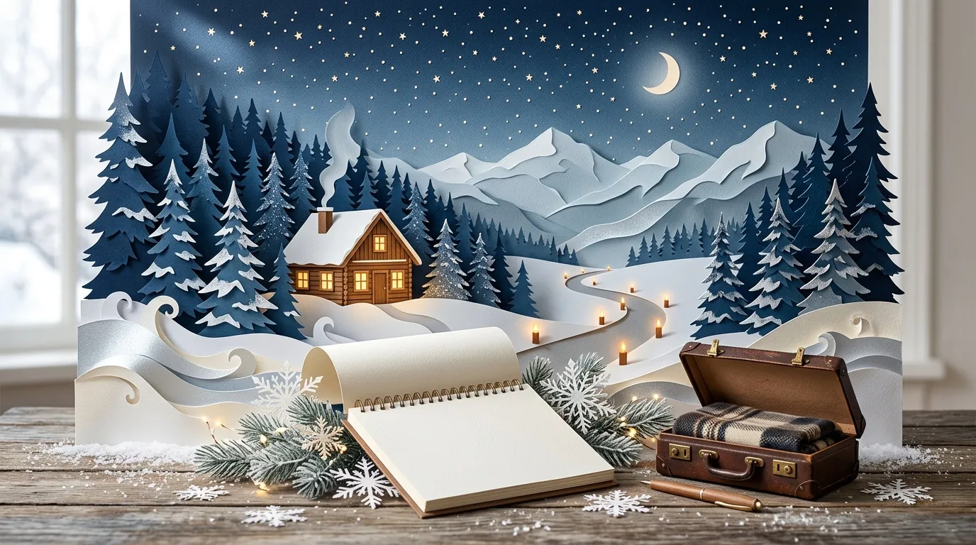 Paysage montagneux enneig&eacute; avec maison illumin&eacute;e et accessoires vintage